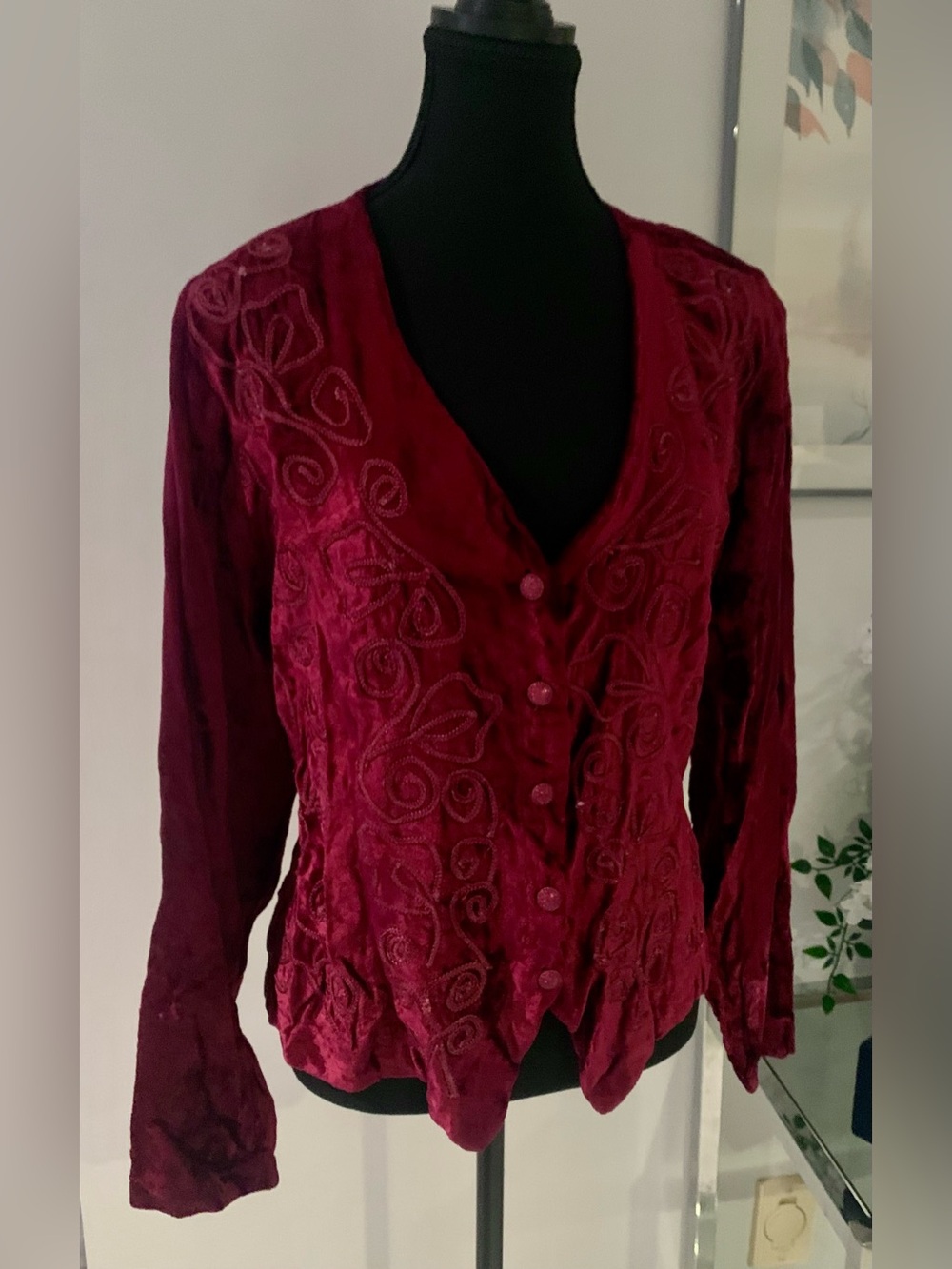 le chateau Deep Burgundy Embroidered Button-Down Shirt, Vintage 1990s